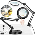 Real Glass 12X Magnifying Glass with Light and Stand (No Acrylic Lens), 2-in-1 Lighted Magnifier with Clamp, 5 Color Modes Dimmable LED Desk Lamp Hands Free for Painting Craft Sewing Hobby Close Work