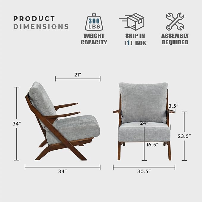 Lexicon Mid Century Modern Accent Chair, Pascal Brown Solid Rubberwood Frame, Reversible Back Cushion, Woven Chenille Upholstered Reading Chair, for Living Room/Bedroom/Office, Grey