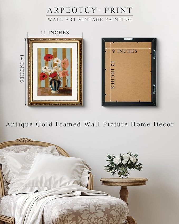 ARPEOTCY Vintage Gold Framed Wall Art for Living Room, 11x14 Inch Red Poppy Flower Wall Art, Floral Oil Painting Print, Classic Still Life Canvas Picture for Bedroom, Bathroom, or Entryway Home Decor