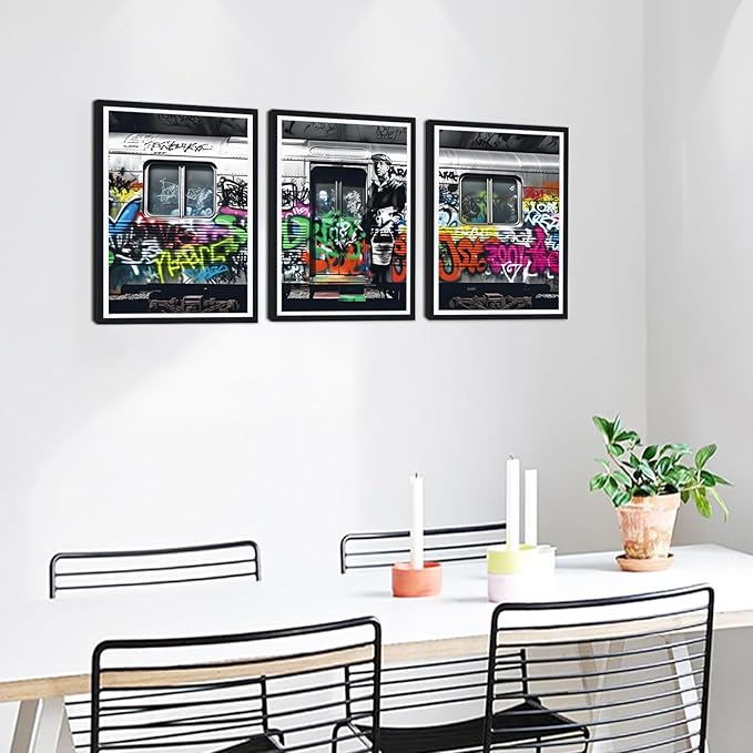 Novatique Street Graffiti Wall Art Banksy Canvas Wall Art Modern Pop Art Wall Decor Street Art Poster Framed Ready to Hang for Bedroom Office,12" x 16" x 3Pcs