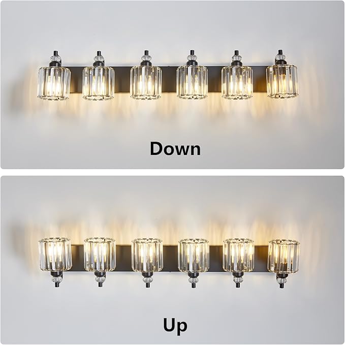 6-Light Black Bathroom Light Fixtures Over Mirror Modern Vanity Lights Crystal Wall Sconce Vintage Bathroom Lighting with Crystal Shade E26 Base for Bedroom, Living Room, Hallway
