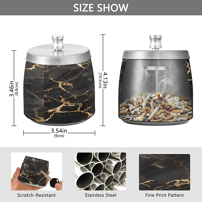 Black Gold Marble Textures Ashtray with Lid, Outdoor Ashtrays for Patio, Stainless Steel Ashtray Odorless Smokeless for Home Office Balcony