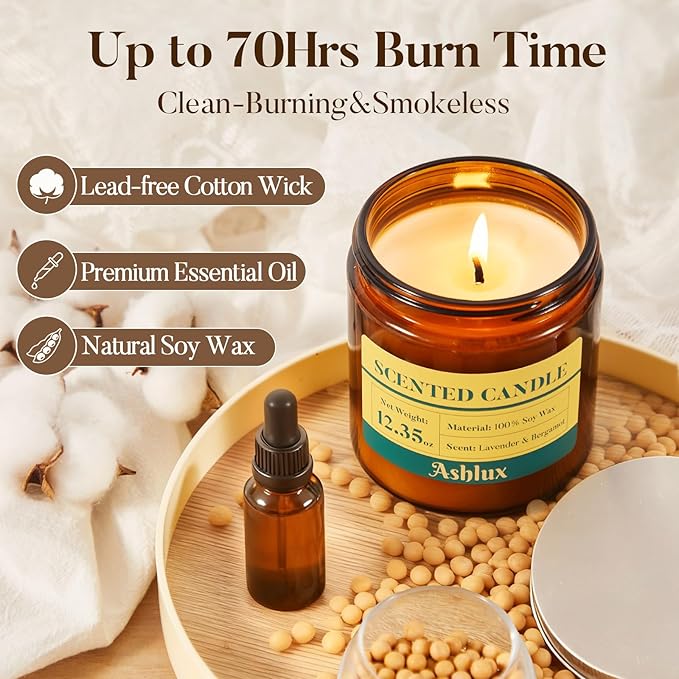 Lavender and Bergamot Candle,12.35oz Scented Candles with 8% Essential Oils,70 Hour Burn Time Soy Wax Candles for Home Decor,Reading,Jar Candle Gifts for Women and Men
