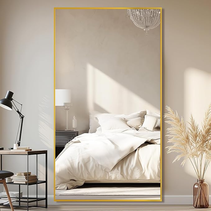 Full-Length Floor Mirror with Stand, 78"x38" Rectangle Style Full Body Standing Mirror for Bedroom, Living Room, Gym, Dorm - Shatter-Resistant & Easy Assembly, Gold