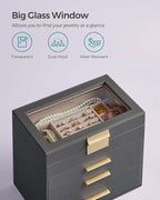 SONGMICS GISELLA Collection - Jewelry Box Organizer, 4-Layer Jewelry Storage with 3 Drawers, Shiny Metal Hardware, Glass Lid, Modern, 6 x 9.9 x 8.5 Inches, Gray and Gold Color UJBC161C01