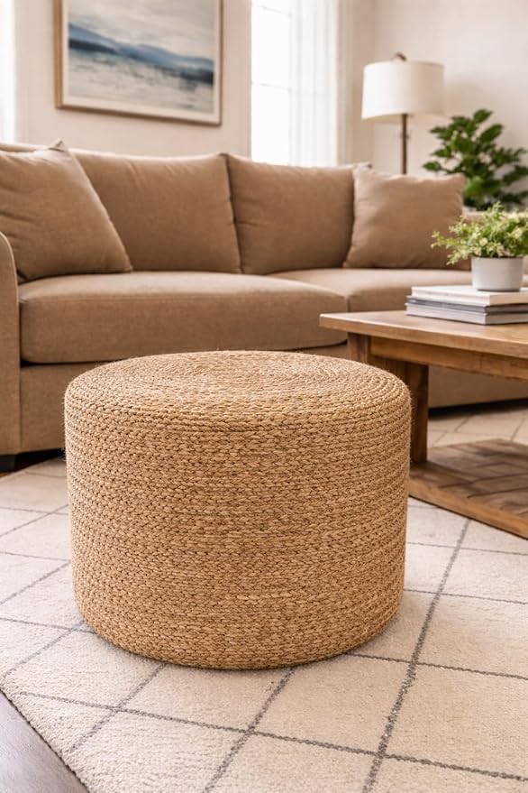 Scandilivin Homes Pouf Ottoman - 100% Natural Jute Braided- Footrest Pouf Hand Knitted - Traditional Cord Boho Pouffe - for The Living Room, Bedroom, Nursery, Patio, Lounge (18”x18”x12”)