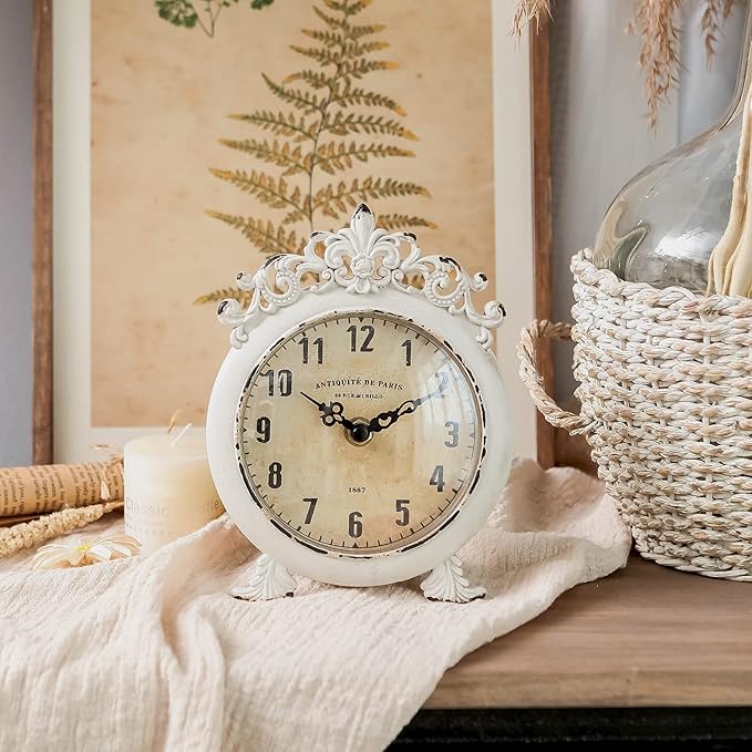 NIKKY HOME Small Vintage Table Clock, Decorative Shelf Desk Top Clock Battery Operated Round French Design, Farmhouse Home Decor for Bathroom, Tabletop, Desktop, Countertop, Rustic Beige