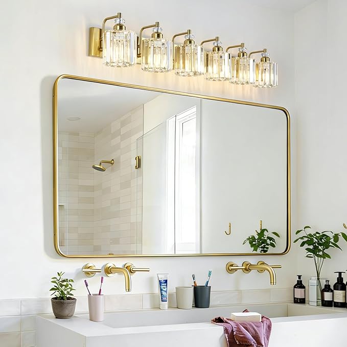 6-Light Modern Vanity Lights Brushed Brass Bathroom Light Fixtures Over Mirror Gold Bathroom Vanity Lighting with Crystal Shade E26 Base Wall Sconce for Bedroom Living Room Restroom Wall Lamp