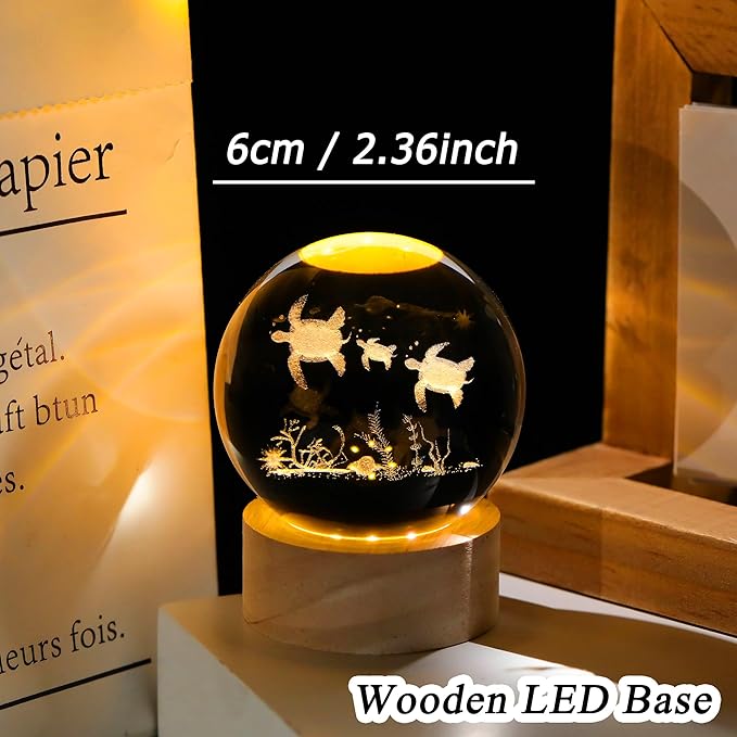 Sea Turtle Gifts for Women Men 3D Sea Turtles Crystal Ball with Wooden Light Base Glass Turtle Figurine Home Decor Gift for Mothers Valentine's Day Christmas Birthday (Diameter 2.36 inches)