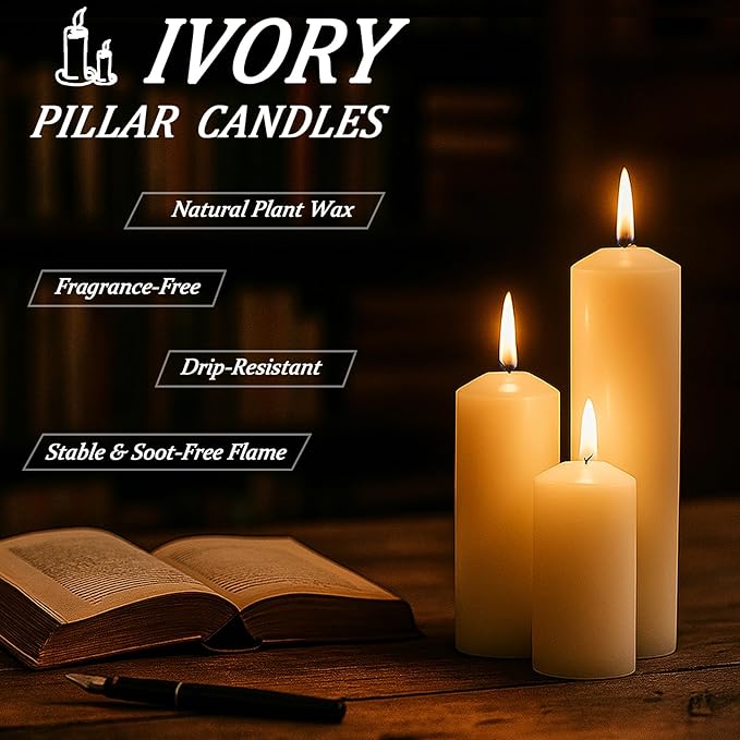 Ivory Pillar Candles Bulk Set of 18，3 Different Lengths 2 x 3/6/8 Inch (6 Each)，Hurricane Candles，Dripless Unscented Smokeless，Gives You a Better Atmosphere When Organizing an Event Party.