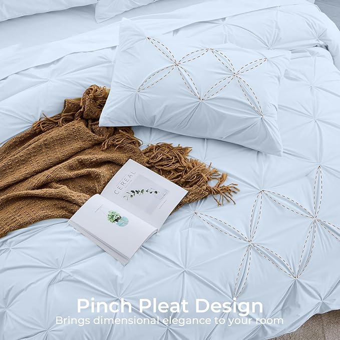 Sasttie Queen Comforter Set, 7-Piece Bed in a Bag, Pintuck Bedding Sets for All Season, Includes Comforter, Flat Sheet, Fitted Sheet, Pillowcases and Pillowshams, Light Blue