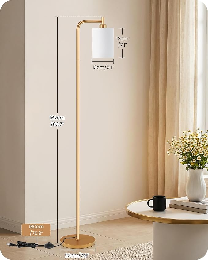 Dimmable Floor Lamp for Living Room with Remote and Foot Switch, Modern Standing, Corner Lamp,10W Bulb 3 Color Temperatures, for Bedroom, Office, Corner, ETL Listed, Gold and White DCW19LD05