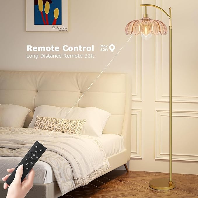 Arc Floor Lamp with 3 Color Temperatures,Gold Floor Lamp with Remote & 3 Color Temperature,Mid Century Modern Standing Lamp with Glass Lampshades,Vintage Tall Floor Lamps for Living Room Bedroom