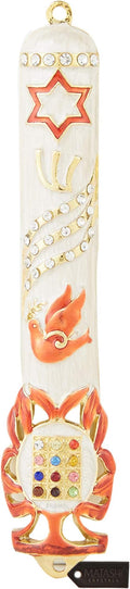 Matashi Hand Painted 5.7" Red and White Dove Mezuzah Embellished with Gold Accents and a Star of David w/Crystals Home Door Wall Decor Present House Blessing Gift for Holiday Festival