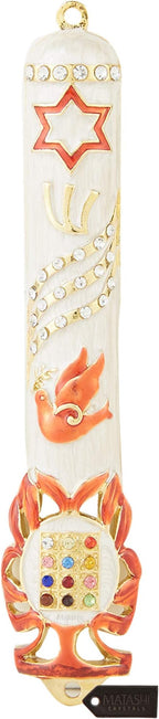 Matashi Hand Painted 5.7" Red and White Dove Mezuzah Embellished with Gold Accents and a Star of David w/Crystals Home Door Wall Decor Present House Blessing Gift for Holiday Festival