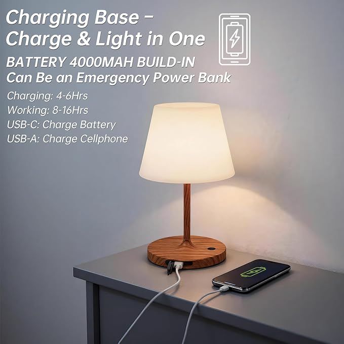 Waterproof Rechargeable Table Lamp - Portable Cordless Desk Lamp with 8 RGB Colors,4000mAh Outdoor Stepless Dimmable LED Night Light for Bedroom, Living Room,Camping Restaurant,Office (Wood Grain)