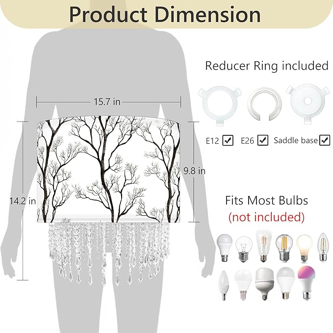Winter Tree Branch Lamp Shade with Acrylic Bead Droplets, Branch Drum Fabric Light Shade for Pendant Table & Floor Lamp, Traditional Mordern Decor, 15.7in