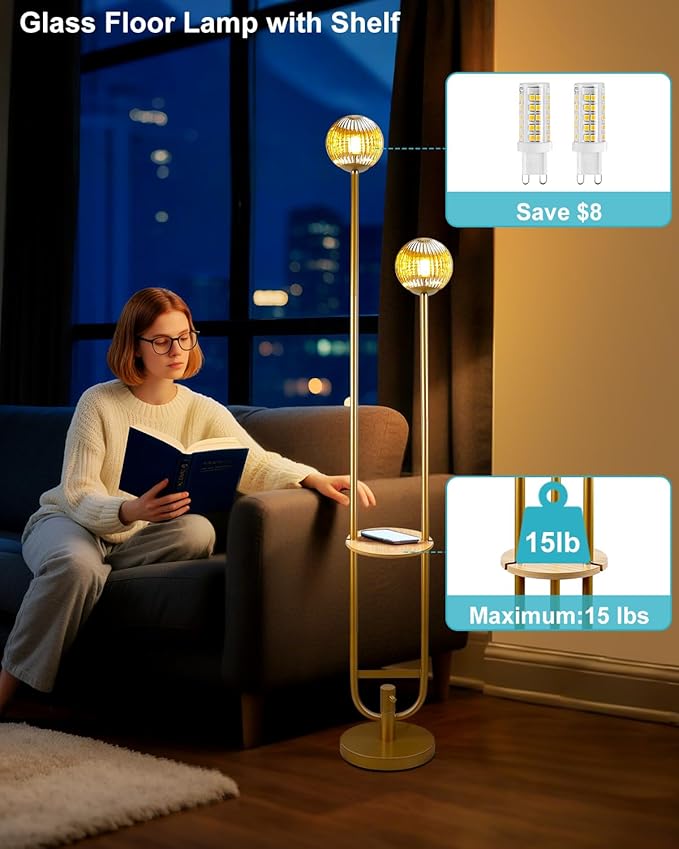 Glass Floor Lamp with Tray, Gold Dimmable Globe Floor Lamp for Wedding/Party, 2Pcs 3000K Soft Warm White Bulbs Included, Mid Century Modern Standing Lamps for Living Room Bedroom