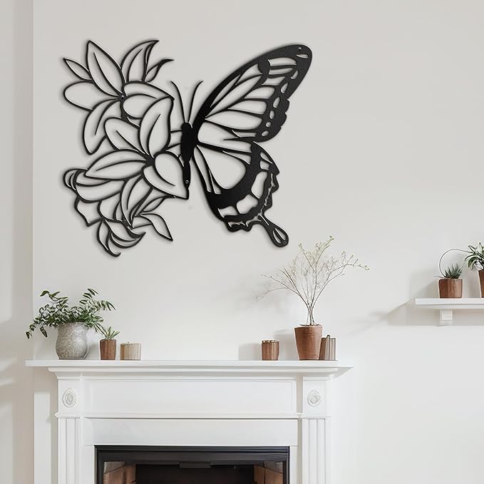 SIGNLEADER Metal Wall Art Decor Butterfly and Flowers Minimalist Modern Abstract Wall Sculpture Hangings Home Decoration for Living Room, Bedroom, Bathroom, Kitchen, Outdoor - 24" Black