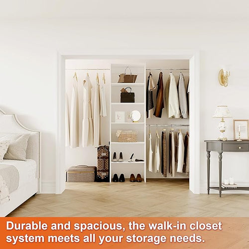 117 inch Large Wall-Mounted Closet Organizer with 5 Storage Shelves and 3 Hanging Rods – Open Wardrobe System-White