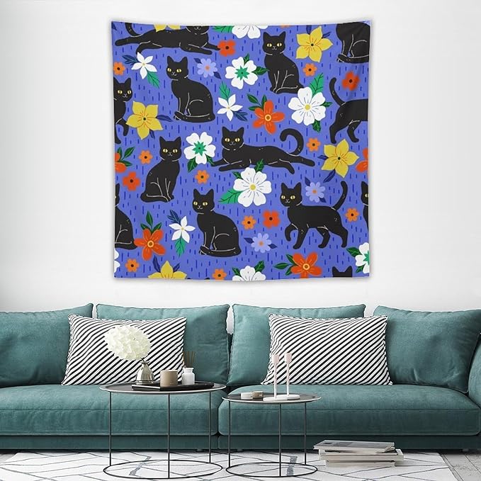 VUMIVI Black Cat Floral Tapestry Red White Hand-Painted Flowers Cute Animals Kids' Doodles Tapestry Wall Hanging for Living Room Bedroom Dorm Classroom Aesthetic Decor W60xL60in