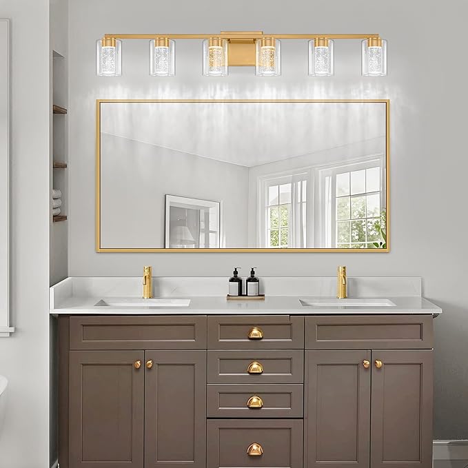 SineRise 6-Light Gold Vanity Light with 3 Color Modes (3000K/4000K/6000K), Eye Protection LED Bathroom Light Fixture, Dimmable Modern Wall Light Over Mirror with Clear Glass Shade