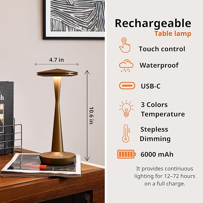 Cordless Rechargeable Table Lamp - 6000mAh Portable LED Battery Operated Table Light - Outdoor Waterproof Dimmable Table Lamps for Restaurant Dining Bedroom Bars Home Patio Outdoor (2 Bronze)