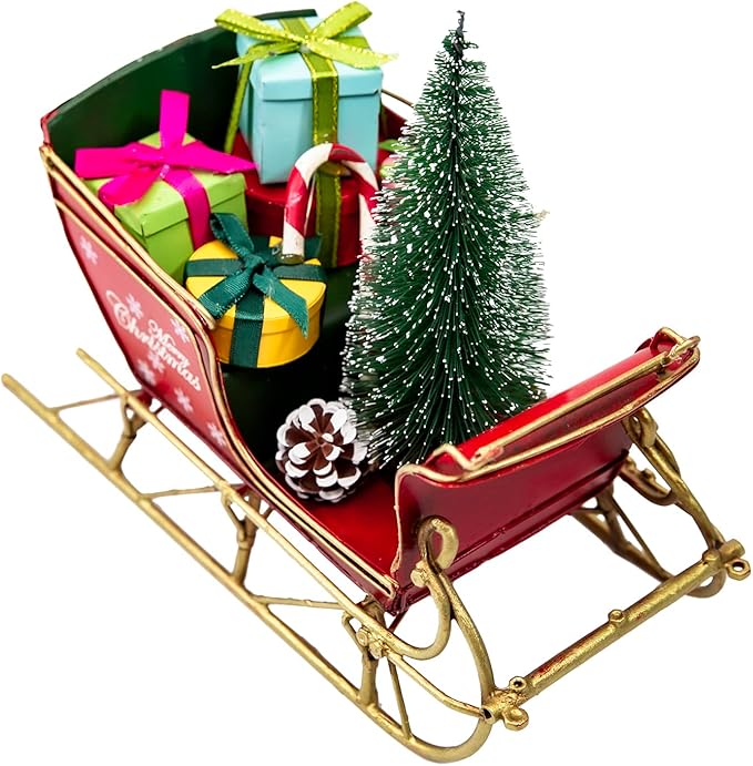 Berfutall-Red Santa Sleigh Christmas Decor for Table Top Holiday Home Decorations Decoration with Rustic Charm (G)