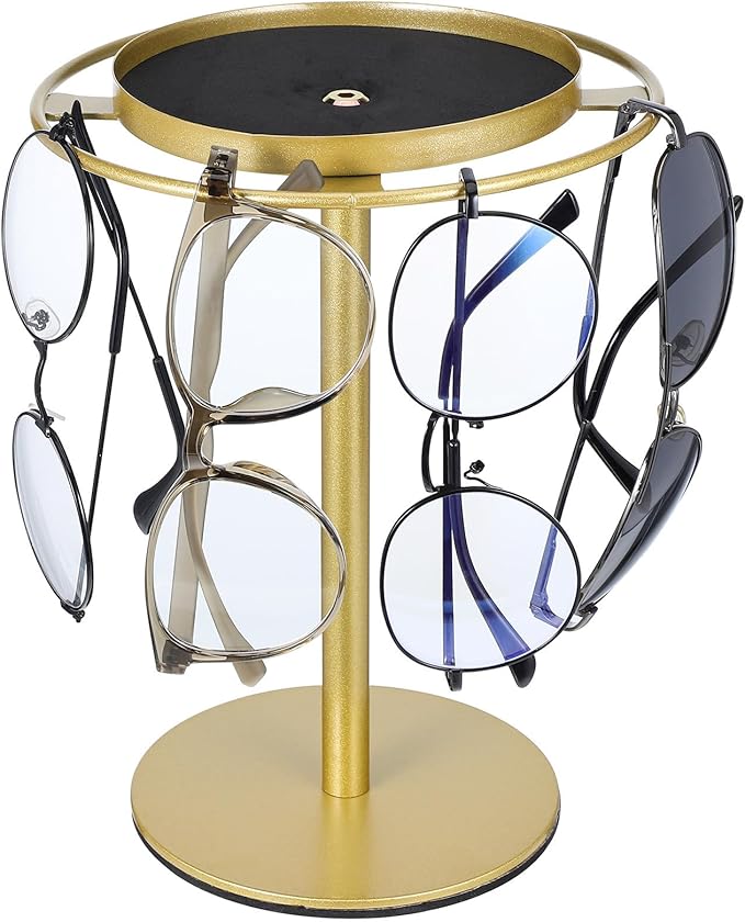 Unomor Sunglasses Storage Rack with Tray, Eyeglass Organizer Stand for Multiple Glasses, Gold Metal Sunglass Display Holder for Home Desktop Use