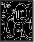 Abstract Face Pattern Wall Art Black Background White Continuous Line Drawing 16x20 Inch Oak Wood Black Framed Modern Diverse Portrait for Living Room Decor