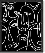 Abstract Face Pattern Wall Art Black Background White Continuous Line Drawing 16x20 Inch Oak Wood Black Framed Modern Diverse Portrait for Living Room Decor