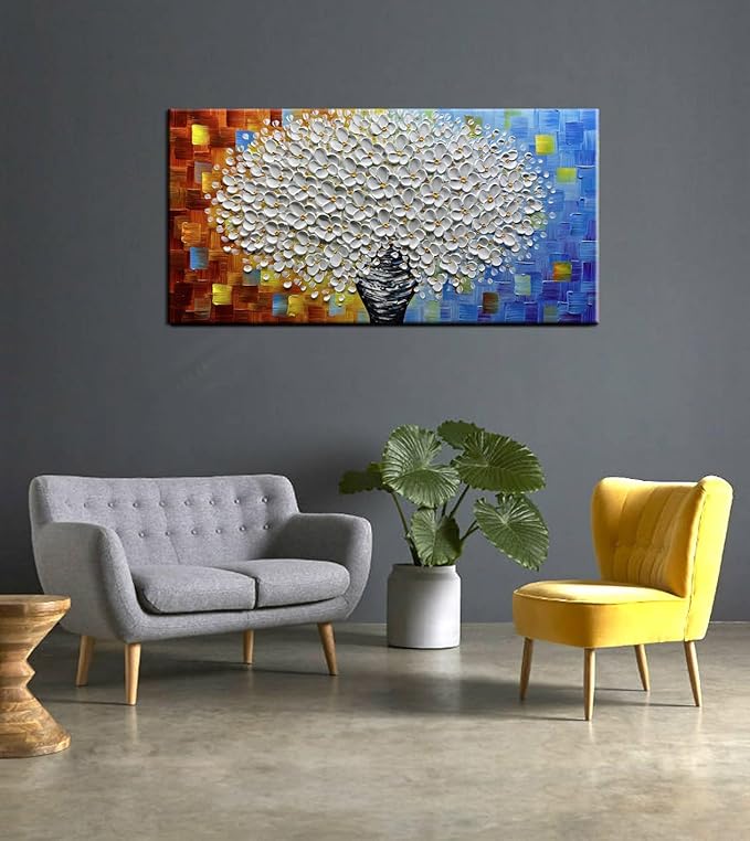 YaSheng Art- 3D Thick Texture White Floral Canvas Wall Art Oil Painting on Canvas Handmade Abstract Floral vase Artwork Home Modern bedroom Dining Room Office Decor Wall Art Ready to Hang 24x48