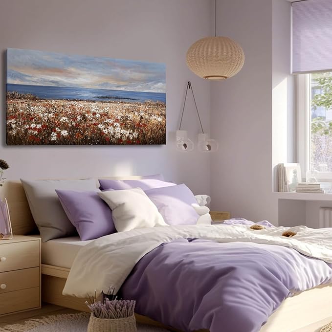 GAIDUOMAI Coastal Wall Art Wildflower Mountain Canvas Picture for Living Room Office Contemporary Art 24"x48" Neutral Wall Hanging Decor for Home