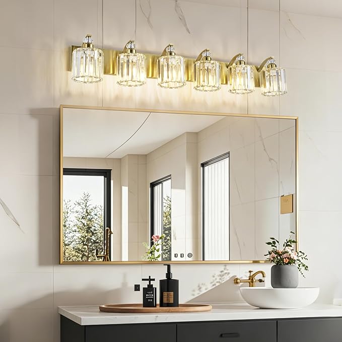 6-Lights Brushed Brass Bathroom Light Fixture Gold Vanity Lights Modern Crystal Bathroom Vanity Lighting Over Mirror Wall Sconce with K9 Crystal Shade E26 Base for Living Room, Bedroom Wall Lamp