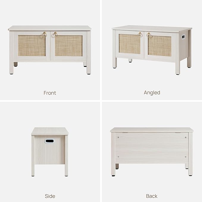 SICOTAS Rattan Shoe Rack Bench with Lift Top Storage: White Farmhouse Boho Shoe Cabinet Entryway Bench with Safety Hinges, Wooden Storage Chest for Bedroom, Entryway, Hallway, Living Room