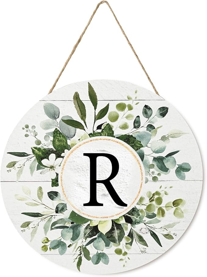 Smile Monogram Letter R Wreaths Wooden Welcome Sign, Family Last Name Initial Front Door Wall Decoration, Floral Spring Summer Porch Rustic Home Kitchen Decor