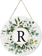 Smile Monogram Letter R Wreaths Wooden Welcome Sign, Family Last Name Initial Front Door Wall Decoration, Floral Spring Summer Porch Rustic Home Kitchen Decor