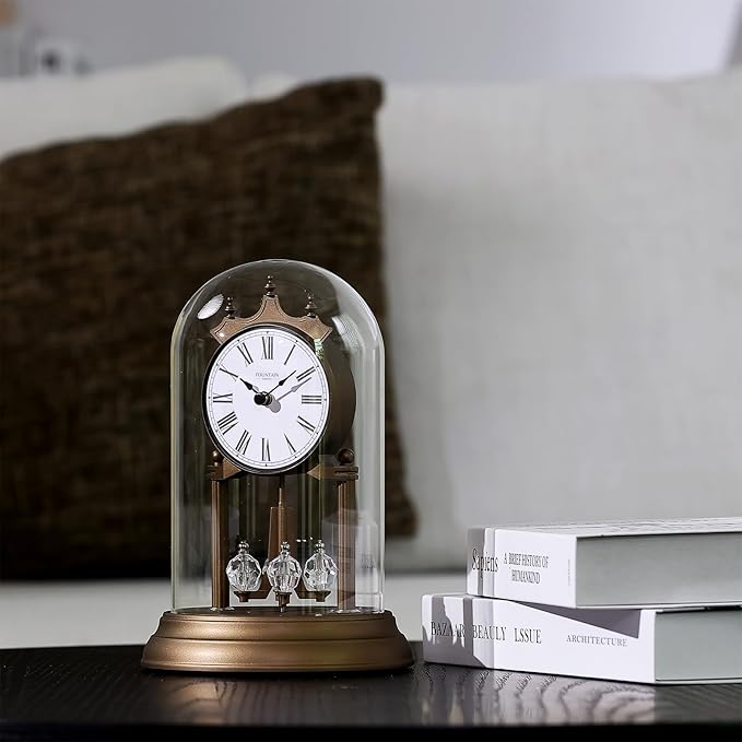 9" Genevieve Mantel Clock with Revolving Pendulum, Modern Anniversary Clock Rotating Pendulum, Wedding Gifts, Desk & Shelf Clock, Roman Numerals,Bronze Finish