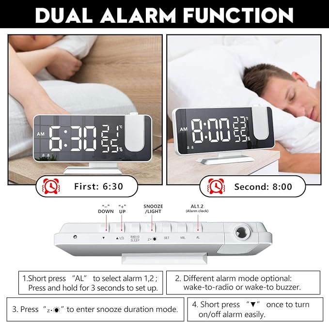 Projection Alarm Clock for Bedroom Ceiling Digital Clock Radio with USB Charger Ports 180° Rotatable Projector, 12/24H,Snooze,Dual Loud Alarm Clock (White)