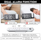 Projection Alarm Clock for Bedroom Ceiling Digital Clock Radio with USB Charger Ports 180° Rotatable Projector, 12/24H,Snooze,Dual Loud Alarm Clock (White)