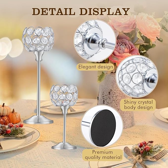 Crystal Metal Tealight Candlestick, Bling Bowl Candelabras, Tall Crystal Candle Holders Elegant Candle Centerpiece for Dining Table Wedding Home Mantel Decor (Silver, 2 Sets(6 Pcs))