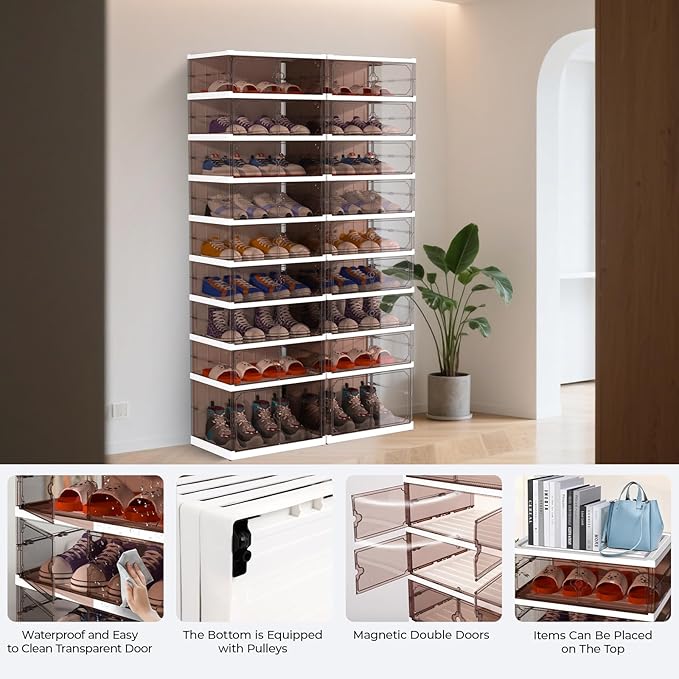9 Tier 18 Pairs Foldable Shoe Rack with Wheels, Portable Plastic Shoe Storage Cabinet with Clear Magnetic Doors Space Saving No Assembly for Entryway, Living Room, Closet
