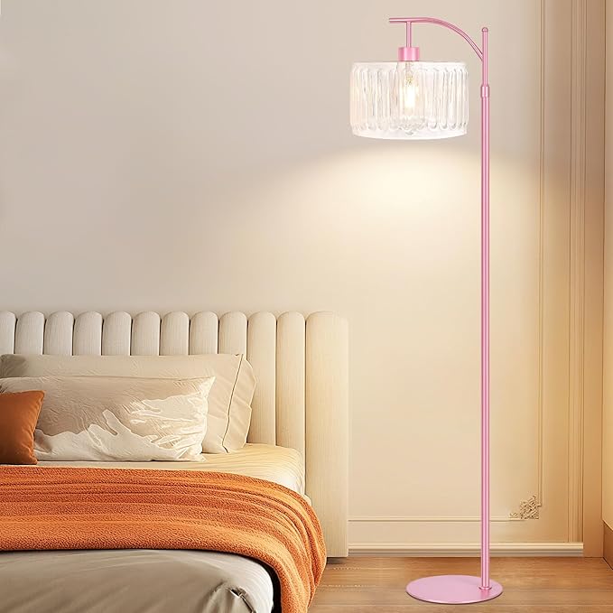 Pink Floor Lamp for Living Room,Bedroom,Gold Dimmable Standing Lamp with Remote,Mid Century Modern Brass Tall Lamp Boho Floor Lamps Arc Stained Glass Flower Floor Light Lamp Girls kids Bohemian