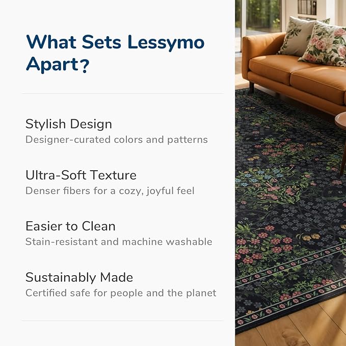 Lessymo Floral Black Green 3x5 Area Rugs for Entryway, Kitchen, Bedroom Beside Rug Soft Non-Slip Small Carpet for Living Room, Laundry Room, Vintage Distressed Boho Flower Print