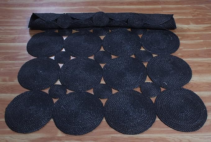 Scalloped Edge Rug, Hand Woven Natural Jute Area Rug, 8x10 Ft Black Braided Sisal Kilim Rugs for Living Room, Kitchen, Entryway, Farmhouse