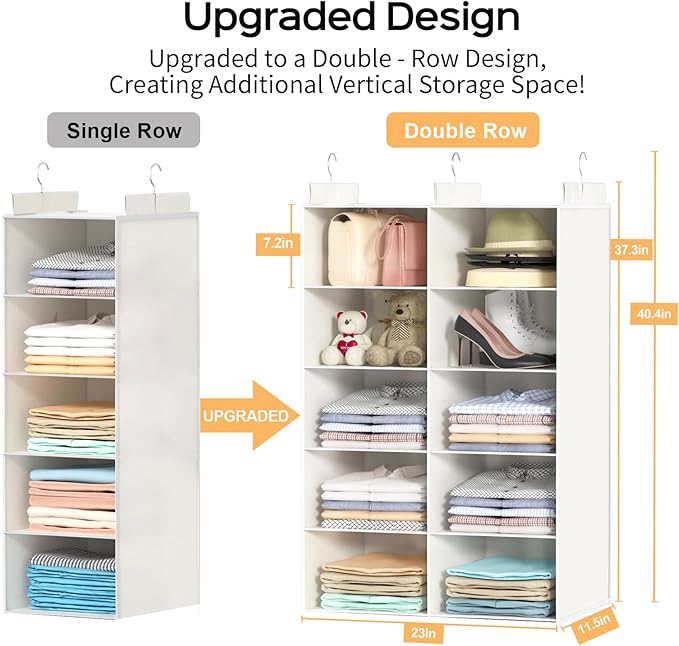5 Shelves Hanging Closet Organizer - Foldable Dual-Row Hanging Clothes Storage with 3 Hooks, Space-Saving Closet Organizer and Storage for Sweater and Hats, Ideal for Dorms and Bedroom,White