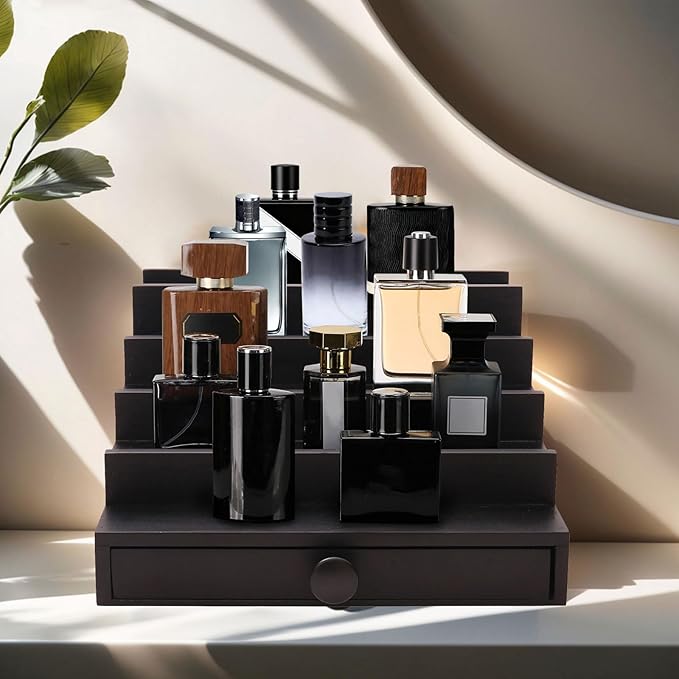 5 Tier Cologne Organizer for Men - Wooden Black Cologne Perfume Display Stand with Drawer and Hidden Compartment, Mens Cologne Holder Shelf for Organizing and Storing