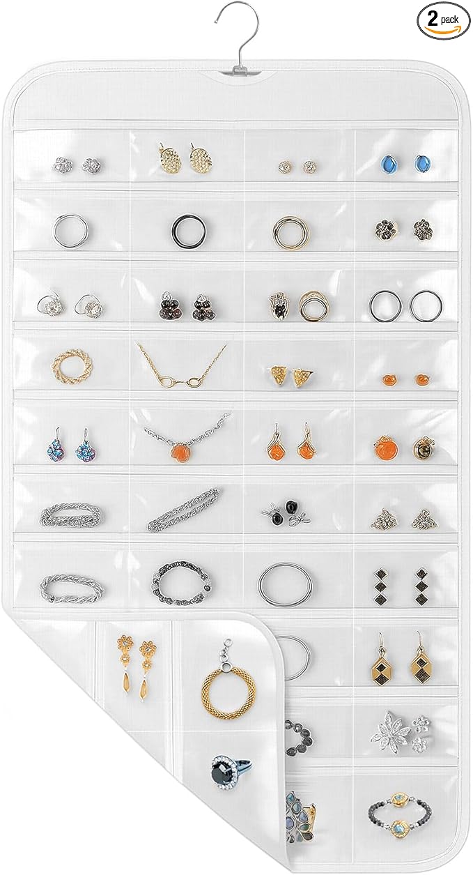 Hanging Jewelry Organizer for Closet with Swiveling Hanger, 17 x 30 In, 80 Clear Pockets Jewelry Organizer Hanging for Jewelries, Earrings, Accessories (Beige) (2, White)