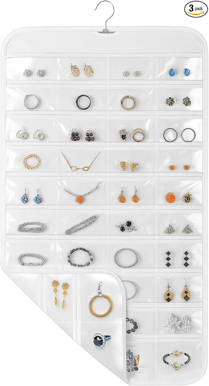 Hanging Jewelry Organizer for Closet with Swiveling Hanger, 17 x 30 In, 80 Clear Pockets Jewelry Organizer Hanging for Jewelries, Earrings, Accessories (Beige) (3, White)