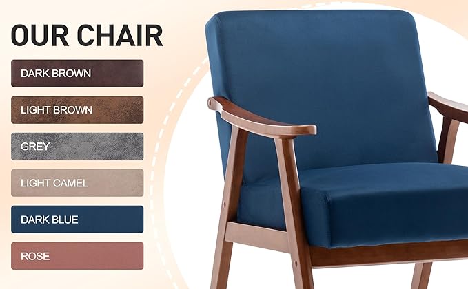 KEIKI Mid-Century Modern Accent Chair with Solid Wood Frame, Upholstered Lounge Chair with Extra-Thick Backrest for Living Room Bedroom Reading Nook